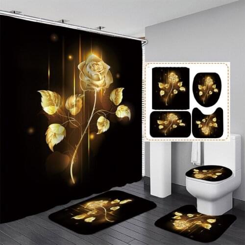 Waterproof Bathroom Shower Curtain Flower Toilet Cover Non-Slip Bath Mat Rug Carpet Set Polyester Fabric Washable Home Decor