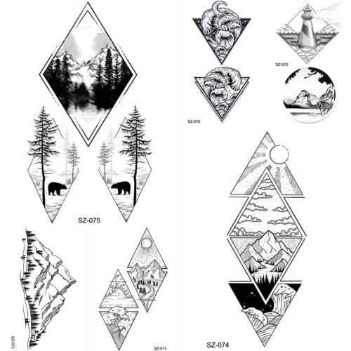 YURAN HOT Black Geometric Temporay Tattoo Stickers Women Body Art Forest Water Transfer Tatoos Triangle Waves Fake Tatoos Moon