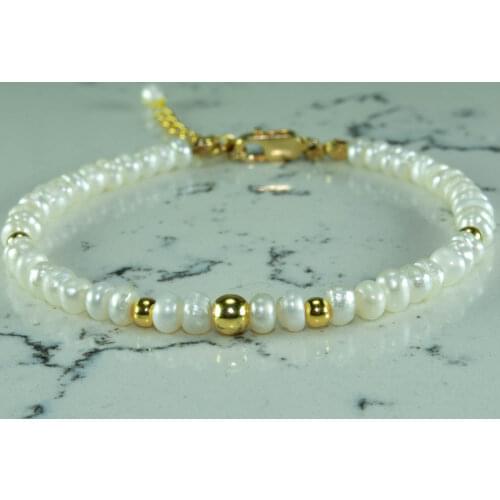 Pearl Bracelet with Gold Filled Bead, Pearl Gemstone Bead Gold Filled Jewelry for Women, June Birthstone, hand Made in TURKEY