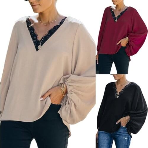 Womens T-shirt, Loose Lantern Sleeve Lace V-neck Stitching Top for Travelling Party Vacation Dating