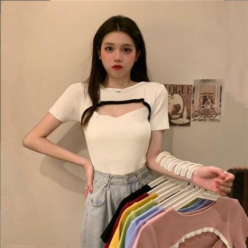 Woman TShirts Cut-out Ruffled Knitted Womens Summer 2021 Short-Sleeved Shirt Crop Top Mujer Camisetas