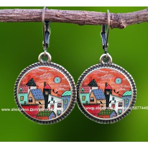 New Arriva Colorful House and Tree Women Earring Abstract Oil Painting House Glass Cabochon Womens bronze Dangle Earrings