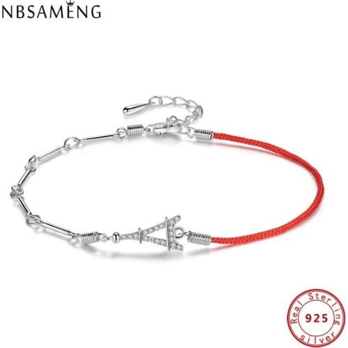 100% Authentic 925 Sterling Silver Eiffel Tower Charms Red Rope Chain Bracelet For Women Girl Adjustable Bracelets Gift Jewelry