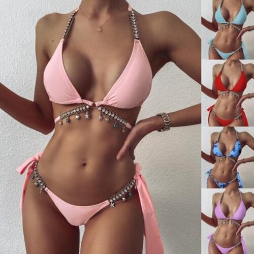 2021 Sexy Crystal Diamond Bikini Swimwear Women Swimsuit Chain Bandage Bikini Set Female Push Up Bathing Suits Summer Beach Wear