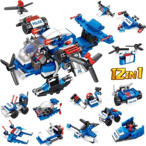 251Pcs CITY Police Patrol Car 12 IN 1 Plane Model Educational Building Blocks Toys For Boys Diy Birthday Present Smal Bricks