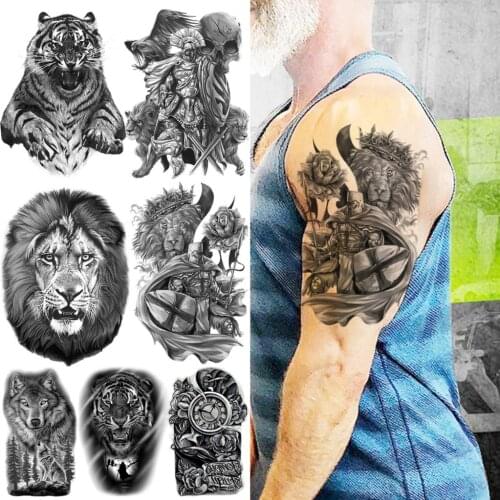Large Black Lion Warrior Temporary Tattoos For Men Boys Realistic Tiger Skull Wolf Compass Fake Tattoo Sticker Arm Chest Tatoos