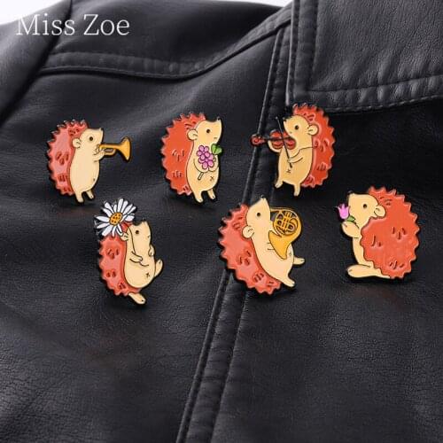 Hedgehog Band Enamel Pins Musical Instrument Floral Brooches Saxophone Violin Badges Bag Hat Backpack Accessories Women Jewelry