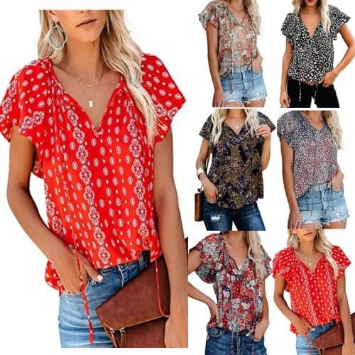 Khaki/Black/Red V-neck Short Sleeve Fashion Print Fantasy Fluttering Blouse Women Ruffled Sleeves Casual Blouse Tops