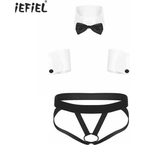 Men Role Play Sexy Lingerie Set Exotic Costume Collar Cuffs with Low Rise Hollow Out Open Butt Crotchless Thongs Panties