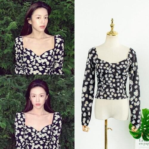 Kpop Korean Celebrity Women Strapless Short Square Collar Floral Shirt Streetwear Girl Style Sweet Puff Sleeve Blouse And Tops