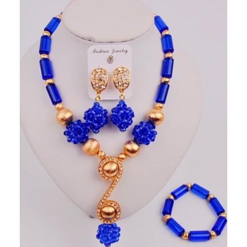 Beautiful Blue African Beads Jewelry Set Nigerian Wedding Necklace Sets for Women SZQ3-1