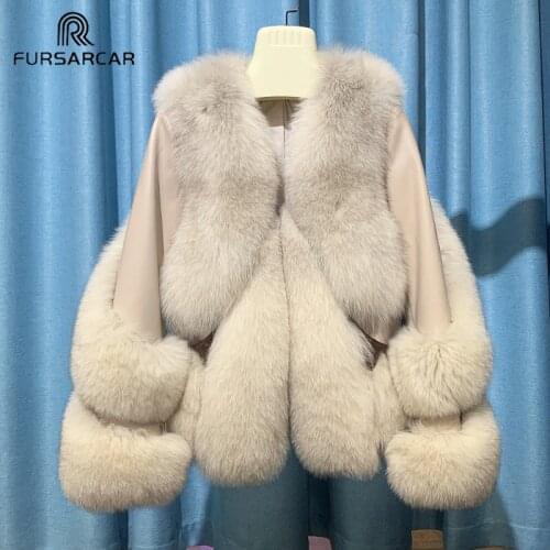 FURSARCAR Real Fox Fur Genuine Sheepskin Leather Jackets Fashion New Women Natural Fox Fur Coat Winter Street Warm Thick Outwear