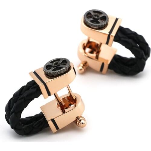Mens Luxury Cufflinks Rose Gold Plating Black Leather Chain Design With Vintage Gear Quality Business Cuff Links
