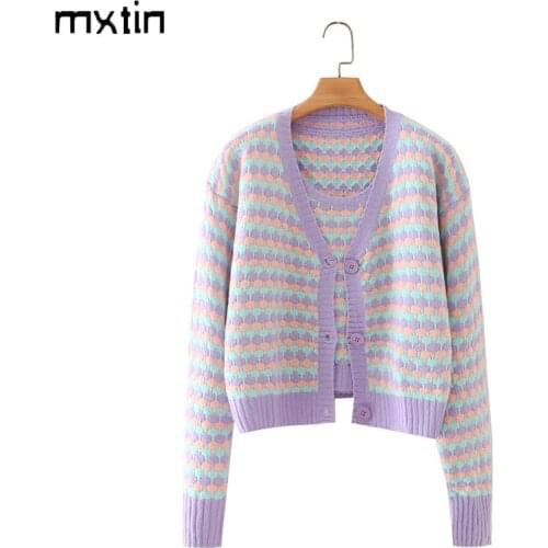 MXTIN 2021 Women Autumn Vintage Color Contrast Cardigan Knitted Sweater Fashion V-Neck Long Sleeve Female Casual Tops Vestidos