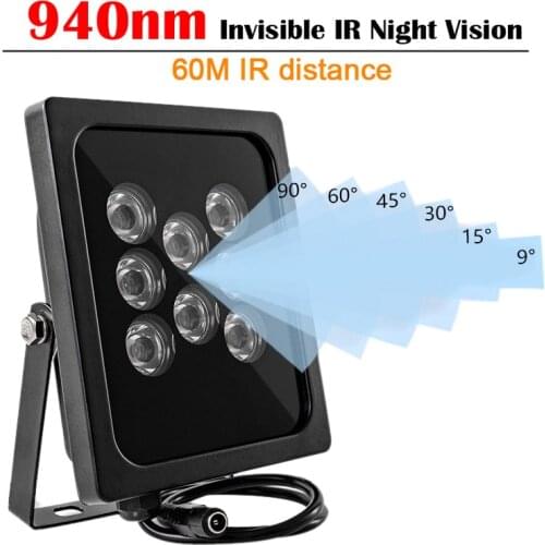 940NM Invisible Illuminator 60M IR Distance 8Array LEDs Infrared Waterproof Night Vision For CCTV Camera 90/60/45/30/15/9 Degree