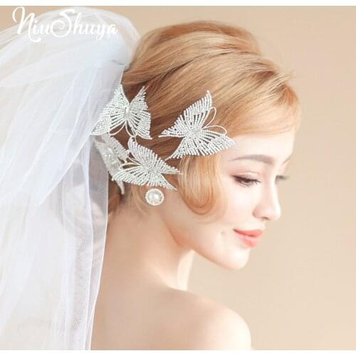 NiuShuya Luxurious Shiny white Butterfly Soft Wedding Bridal Tiara Headbands Bride Headpiece Hair Ornaments Jewelry Accesories