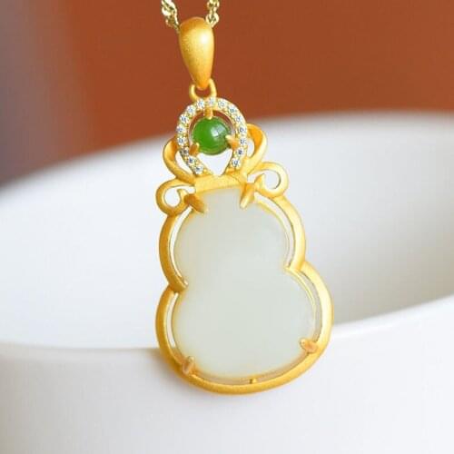 New silver inlaid natural Hetian white Chalcedony Fulu gourd pendant Chinese retro ethnic style unique womens brand jewelry