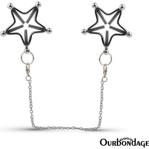 Ourbondage Stainless Steel 2 Type Star Shape Nipple Clamps Clips With Chains or Bells Adult Sex Toys For Women Lesbian Couples