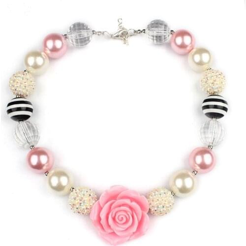 Girls Lovely 42mm Pink Resin Flower Choker Necklace Toddler Baby Chunky Beads Bubblegum Necklace Hand Made Kids Dress Up Jewelry