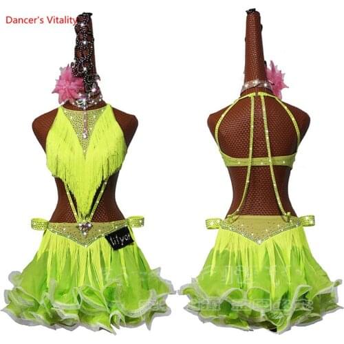 Latin Dance Dress Competition Tassel Dress Party Adult Children Dance Clothes Fluorescen Color Curled Dance Skirt Rumba Costume