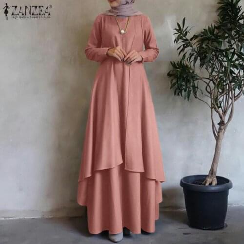 ZANZEA Women Long Sleeve Muslim Kaftan Maxi Dresses Irregular Hem Loose Long Dress Dubai Turkey Abaya Hijab Sundress Oversized