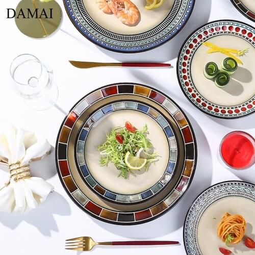 Retro Ceramic Plates Lattice Decorative Porcelain Dessert Plate Steak Dinner Dishes Main Course Hotel Restaurant Serving Tray