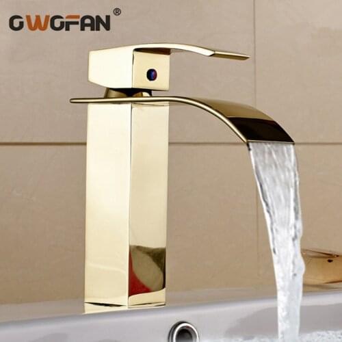 Modern Waterfall Basin Faucets Gold-plating Bathroom Mixer Taps Deck Mounted Home Decor Single Handle Washbasin Crane LT- 503-1