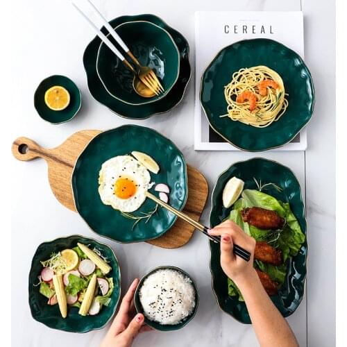 Green Ceramic Plates for Food Dinner Plate Porcelain Dinnerware Set Dishes Salad Noodles Soup Bowl for Kitchen Restaurant