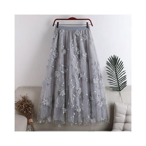 Summer Autumn New Women 2020 High Waist Skirt Slimming Double-Layer Gauze Large Swing Embroidery Flower Midi Skirt Female