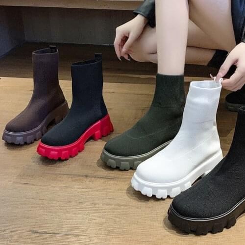 2021 Autumn Women Woven Fabric Sock Boots White Black Chunky Heels Platform Gothic Shoes Knitted Women Ankle Boots Big Size 42