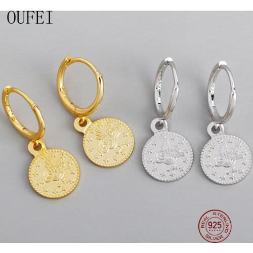 Coins 925 Sterling Silver Drop Earring For Women Coin Shape Golden Round Earrings Luxury Accessories Jewelry Silver Earrings