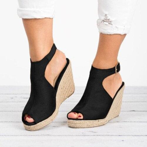 2021 sandals Womens Fashion Solid Wedges Casual Buckle Strap Roman Shoes Sandals PU Peep Toe Hemp High-heeled Women Sandalias