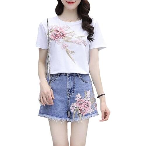 Plus Size 3XL Cowboy 3D Flowers Two Piece Set 2021 Summer New Blouse Top+Elastic Waist Jeans Short Pant Womens Embroidery Suit