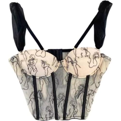 Women Spaghetti Strap Mesh Corset Crop Top Embroidery Boned Bustier Camisole