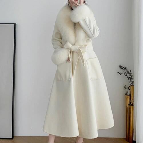 W2001 Autumn Winter 100% wool Womens Woolen Coat with Real Fox Fur Collar