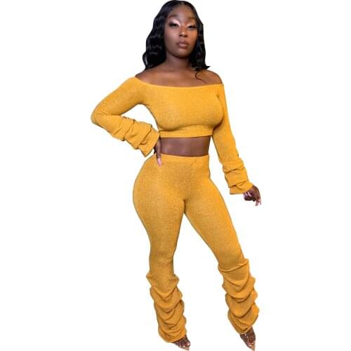 Winter Women Sets Slash Neck Full Sleeve Crop Top Pants Suits Two Piece Set Sportswear Tracksuits Fitness Outfits