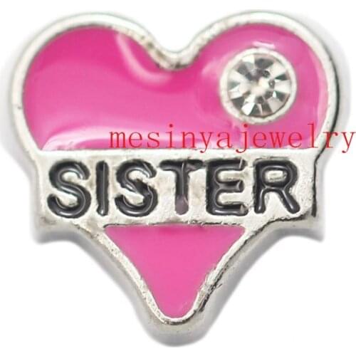 10pcs Pink Heart Shape Sister With Zircon Custom Floating Charms For Glass Locket