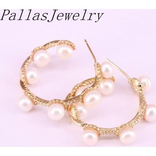 5Pairs Micro Pave Cubic Zirconia With Pearl Metal Circle Stud Earrings Women Jewelry