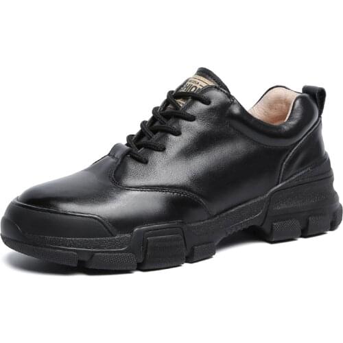 Autuspin Lace Up Loafers Women Fashion Genuine Cow Leather Retro Platform Pumps Female Black Round Toe Cowhide Shoes Big Size