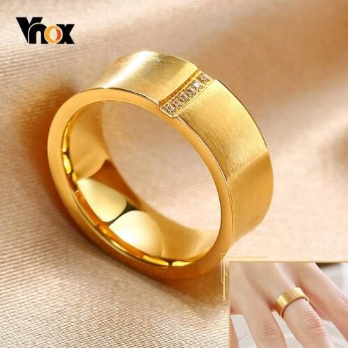 Vnox Classic Wedding Rings for Women,7mm Gold Color Stainless Steel Engagement Band with AAA CZ Stones,Promise Anniversary Gift