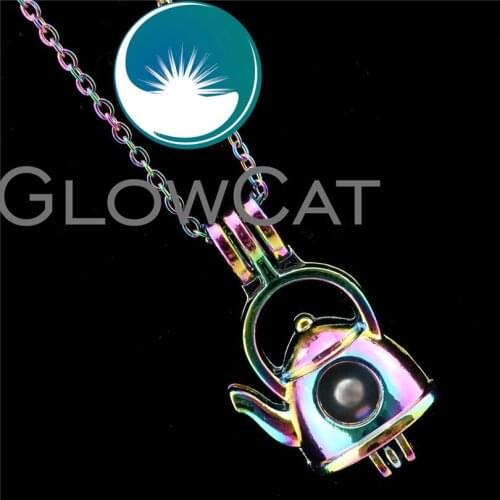 GLOWCAT R-C623 Rainbow Color Teapot Beads Cage Pendant Perfume Diffuser Aromatherapy Pearl Cage Locket Necklace