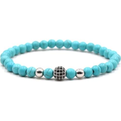 Blue 6mm stone bead Bracelets Pave CZ 4 color 8mm metal ball bracelet for Men&Women charm Handmade fashion Jewelry Bijoux