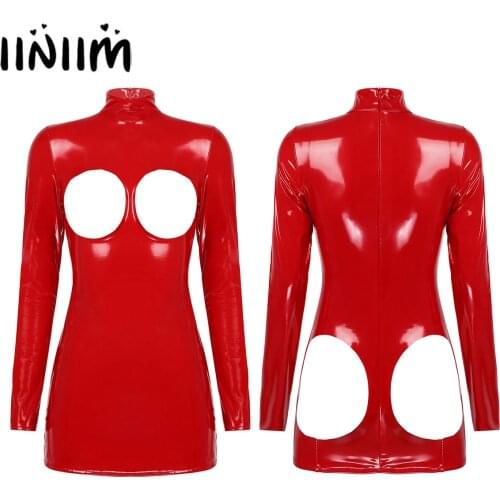 Iiniim Hot Womens Wet Look Dresses Leather Bare Breast Butt Hole Sissy Lingerie Exotic Costume Zipper Mini Dress Sexy Clubwear