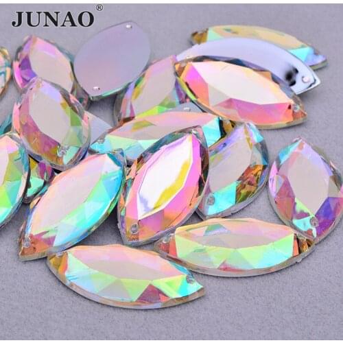 JUNAO 17*32mm 20*40mm Crystal AB Sew On Rhinestones Horse Eye Sewing Acrylic Stone Flatback Strass Crystal for Dress Decoration