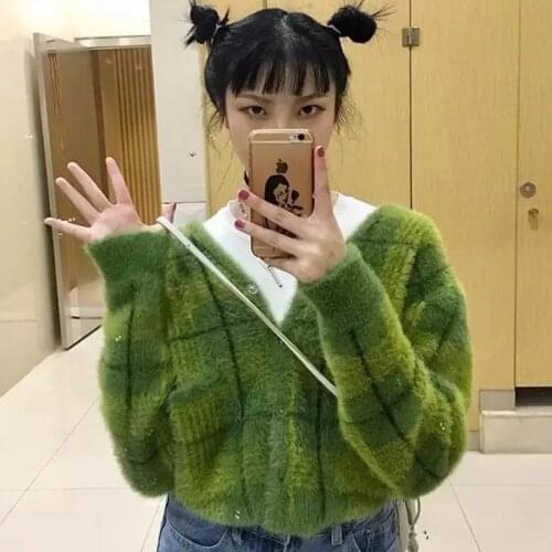 Merry Pretty Harajuku Fuzzy Green Plaid Cardigan with Front Button Women Cropped Cardigan Sweater