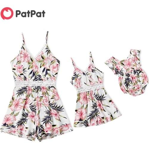PatPat New Floral Print Lace Hollow Sling Rompers for Mommy and Me