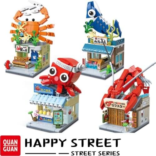 City Happy Street View Seafood House Building Blocks Toys Architecture Model Octopus Shrimp Crab Bricks Block Children Toy Gift