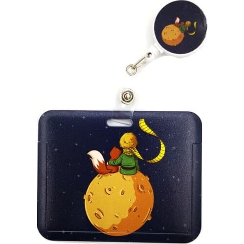 Little Prince Moon Fox Cartoon Cute Credit Cards Holder Lanyards Women Men Kid Student Reel ID Name Bus Clips Cards Badge Holder
