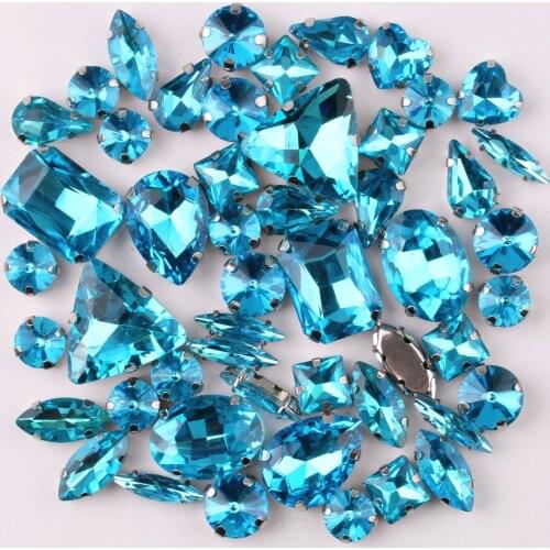 Silver claw setting 50pcs/bag shapes mix Aquamarine glass crystal sew on rhinestone wedding dress shoes bag diy trim