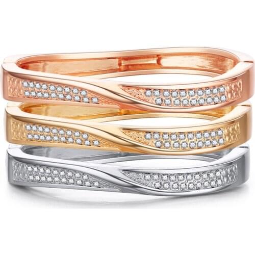 Charm Crystal Bracelets For Women Rose Gold Silver Color Fashion Twisted Wave Bangle Wedding Jewelry